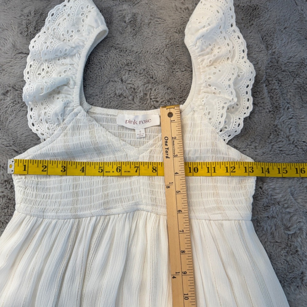 White w/ Metallic Thread Smocked Eyelet Ruffle Sleeve Tiered Mini Dress Small - Picture 7 of 16